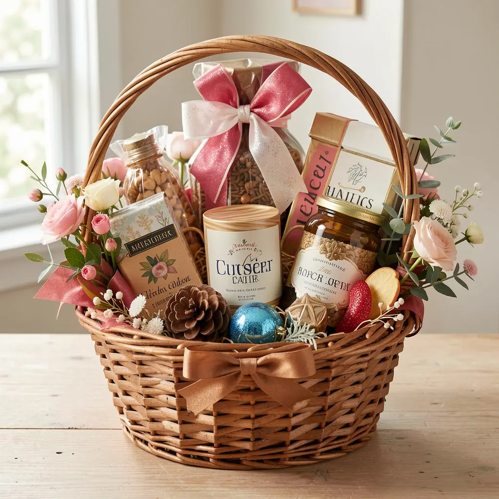 Beautifully arranged custom gift basket with decorative elements